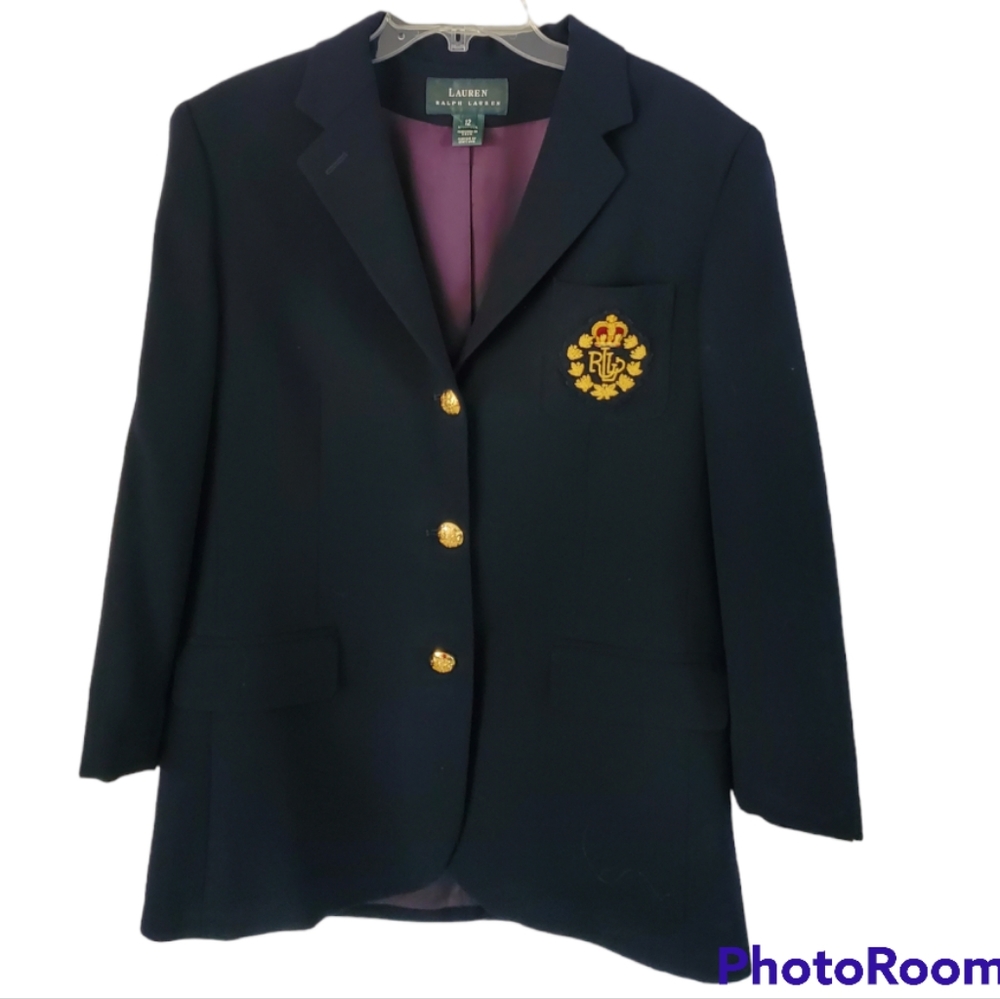 Lauren Ralph Lauren 100% Wool Monogram Crest Navy Blue Blazer 12 Vintage Gold